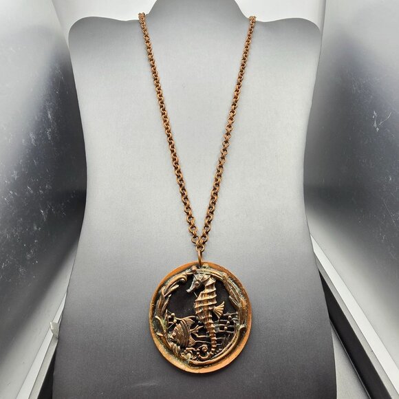 VTG Solid Copper Seahorse & Fish Pendant Necklace 20" Double Round Link Chain - Picture 2 of 10